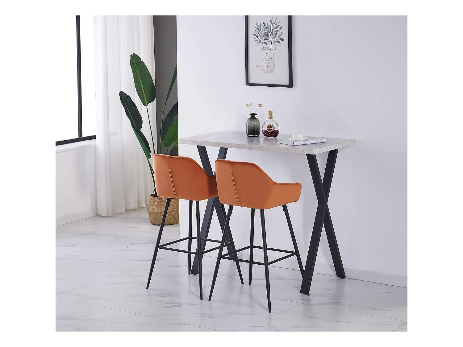 Lot de 2 tabourets de bar, siège en velours avec dossier, accoudoir et repose-pieds métallique, pour bistrots,bar ou bureaux (2, Orange)