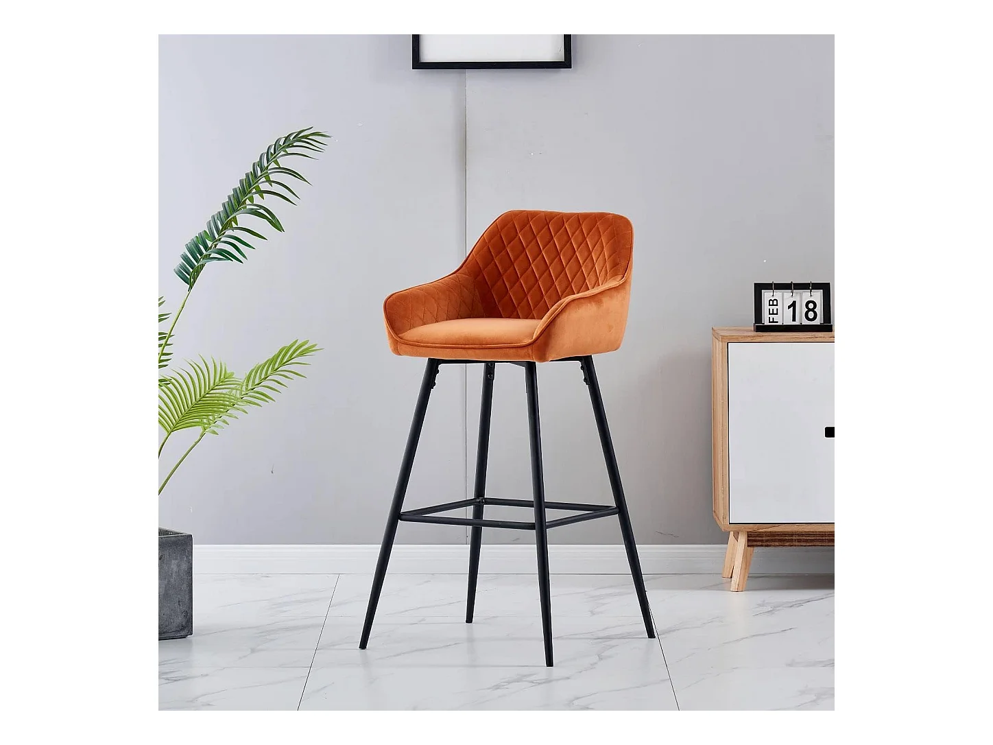 Lot de 2 tabourets de bar, siège en velours avec dossier, accoudoir et repose-pieds métallique, pour bistrots,bar ou bureaux (2, Orange)