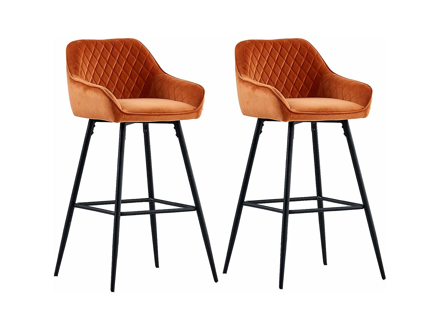 Lot de 2 tabourets de bar, siège en velours avec dossier, accoudoir et repose-pieds métallique, pour bistrots,bar ou bureaux (2, Orange)