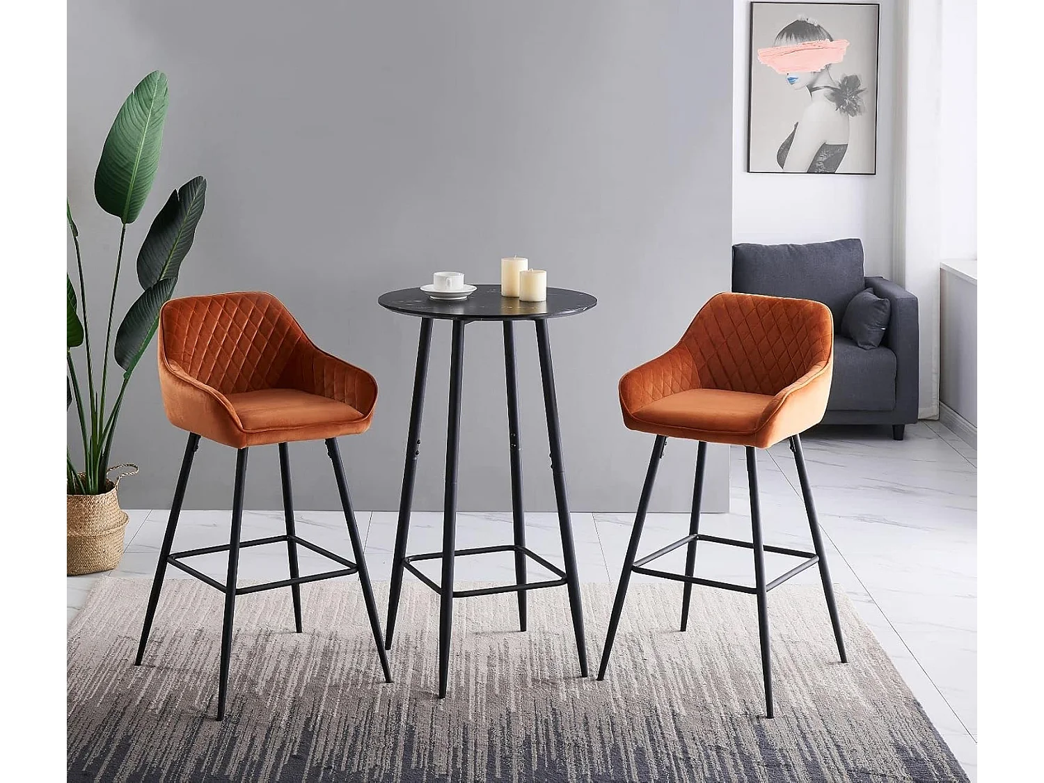 Lot de 2 tabourets de bar, siège en velours avec dossier, accoudoir et repose-pieds métallique, pour bistrots,bar ou bureaux (2, Orange)
