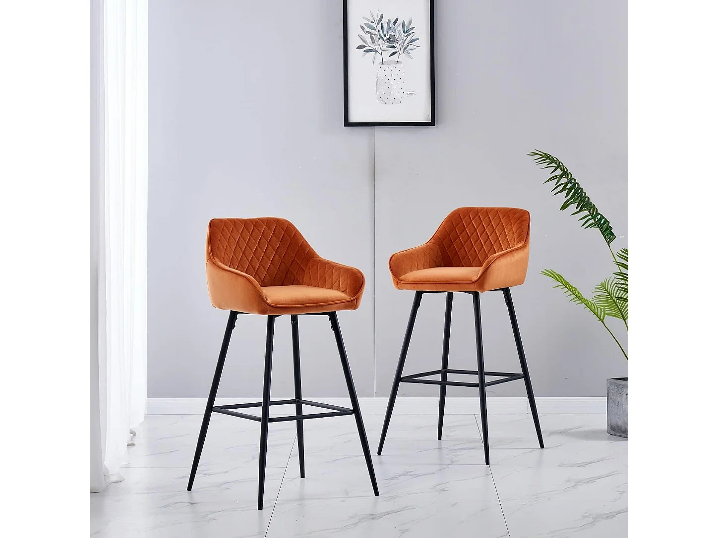 Lot de 2 tabourets de bar, siège en velours avec dossier, accoudoir et repose-pieds métallique, pour bistrots,bar ou bureaux (2, Orange)