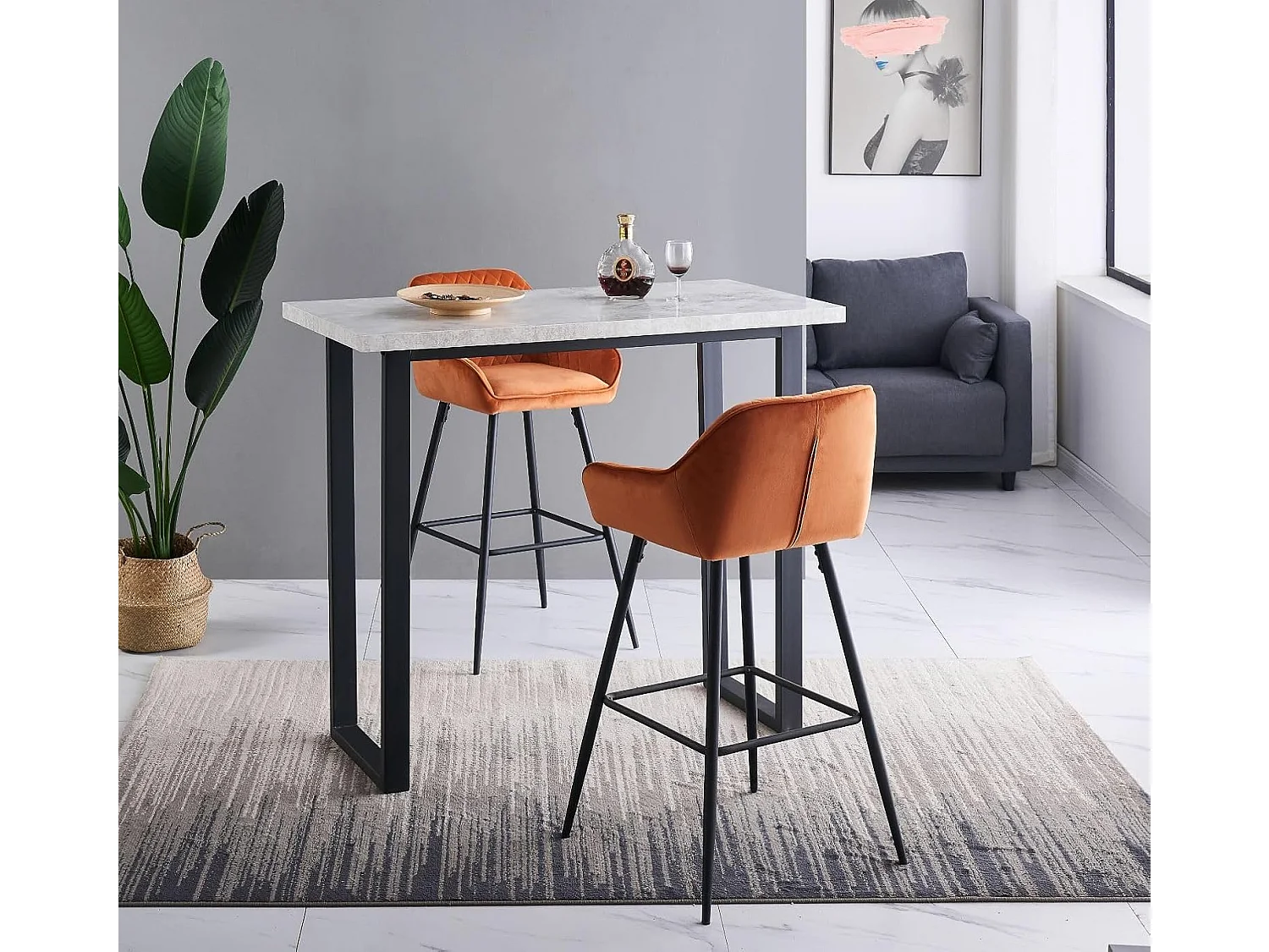 Lot de 2 tabourets de bar, siège en velours avec dossier, accoudoir et repose-pieds métallique, pour bistrots,bar ou bureaux (2, Orange)