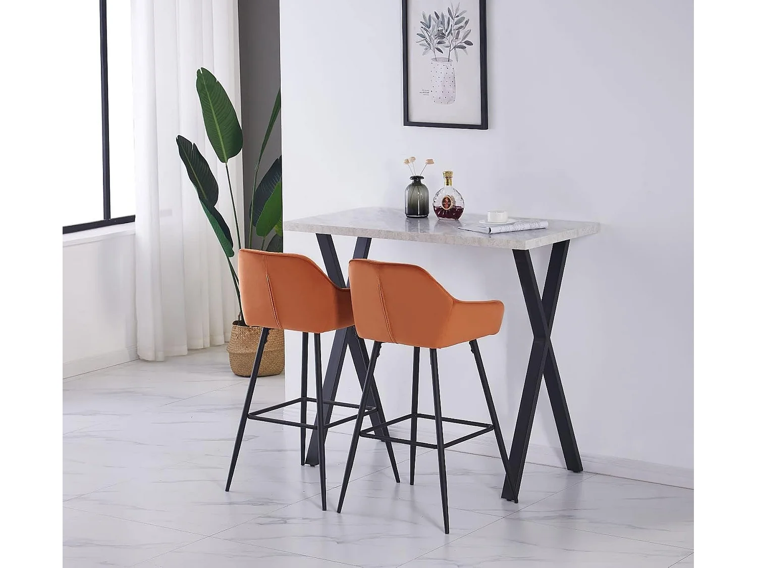 Lot de 2 tabourets de bar, siège en velours avec dossier, accoudoir et repose-pieds métallique, pour bistrots,bar ou bureaux (2, Orange)