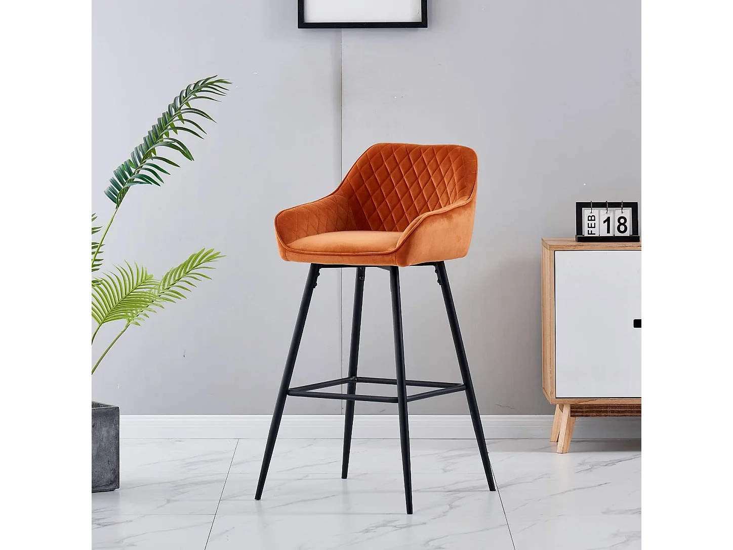 Lot de 2 tabourets de bar, siège en velours avec dossier, accoudoir et repose-pieds métallique, pour bistrots,bar ou bureaux (2, Orange)