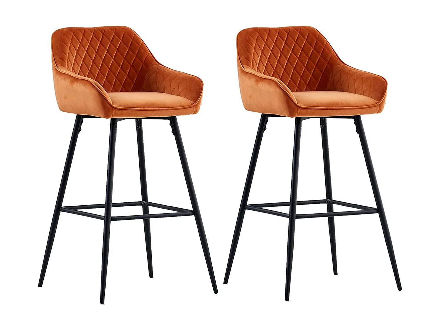 Lot de 2 tabourets de bar, siège en velours avec dossier, accoudoir et repose-pieds métallique, pour bistrots,bar ou bureaux (2, Orange)