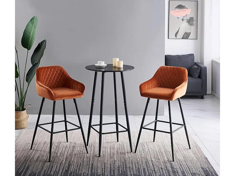 Lot de 2 tabourets de bar, siège en velours avec dossier, accoudoir et repose-pieds métallique, pour bistrots,bar ou bureaux (2, Orange)