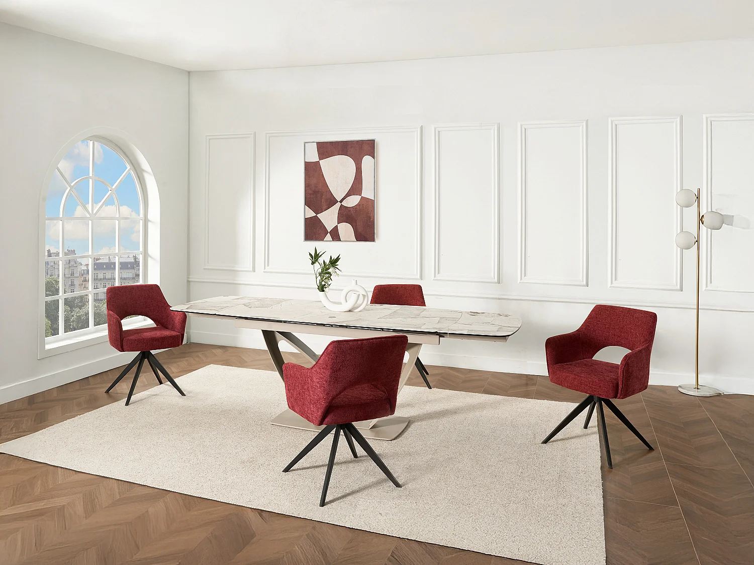 Draaibare stoel met armleuningen van getextureerde stof en zwart metaal - Bordeaux - KONYA