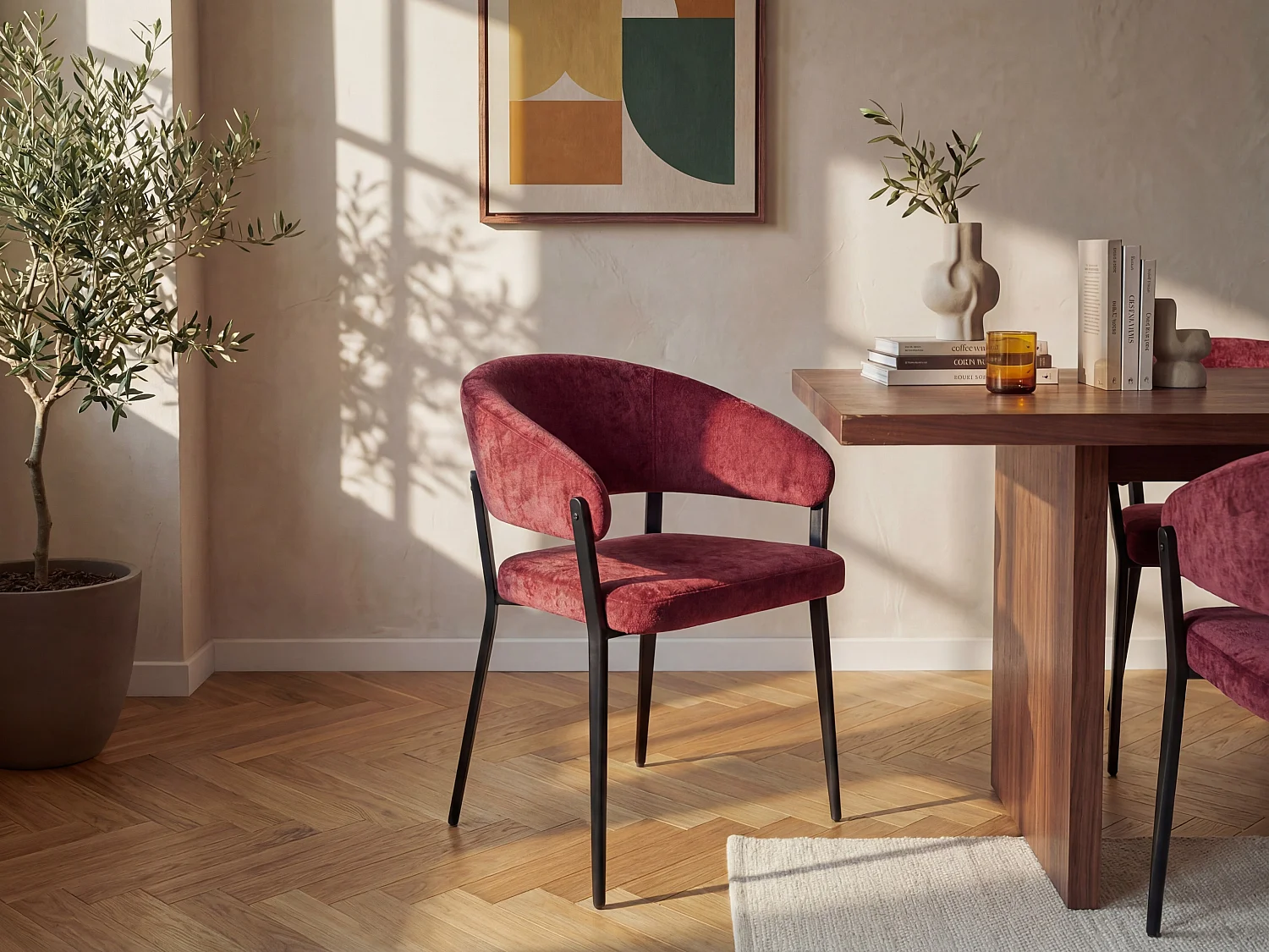 Lot de 2 chaises avec accoudoirs en tissu texturé et métal noir - Bordeaux - AVRELA