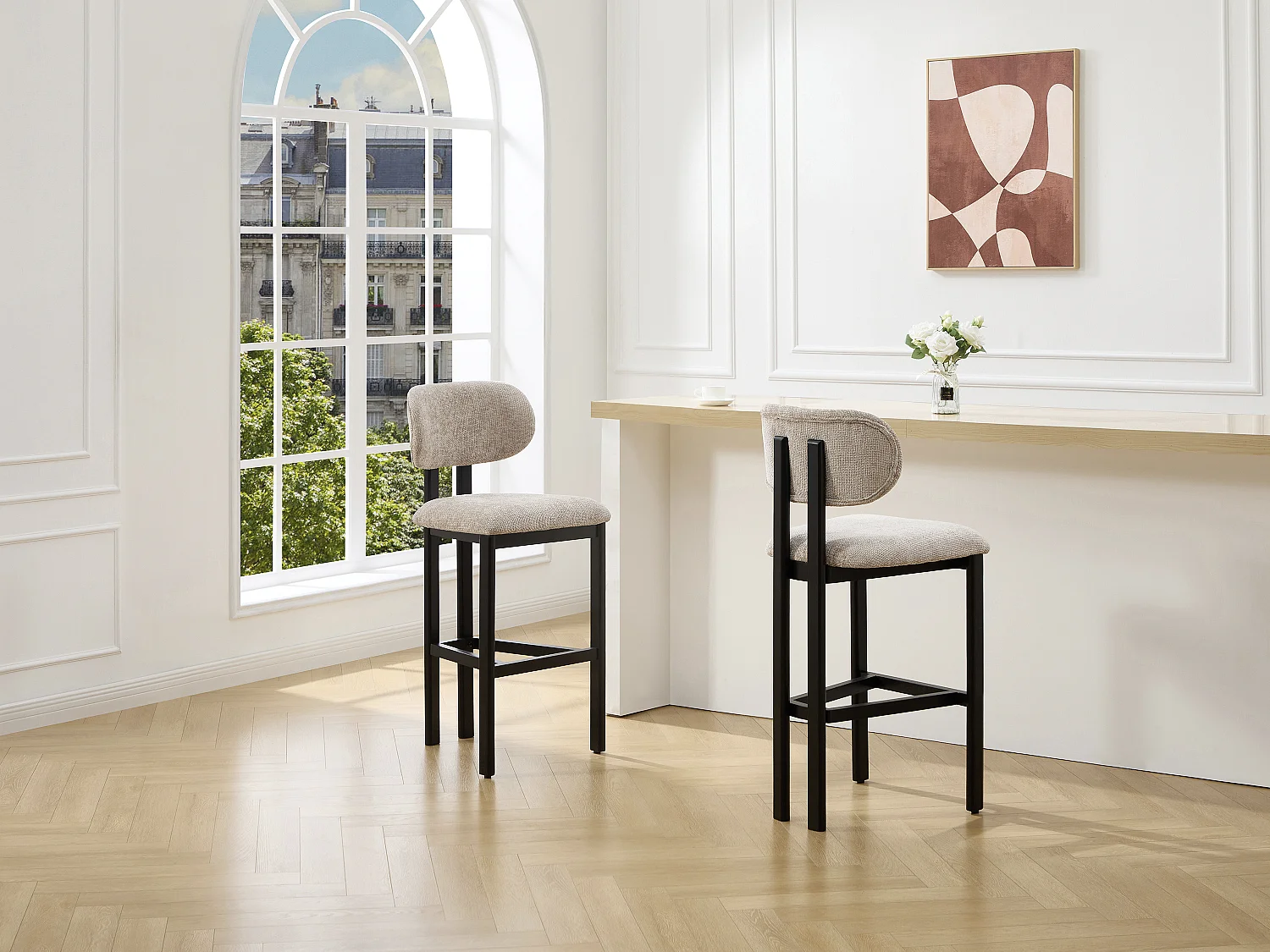 Lot de 2 tabourets de bar en tissu texturé et bois d'hévéa noir - Taupe - YELAZ