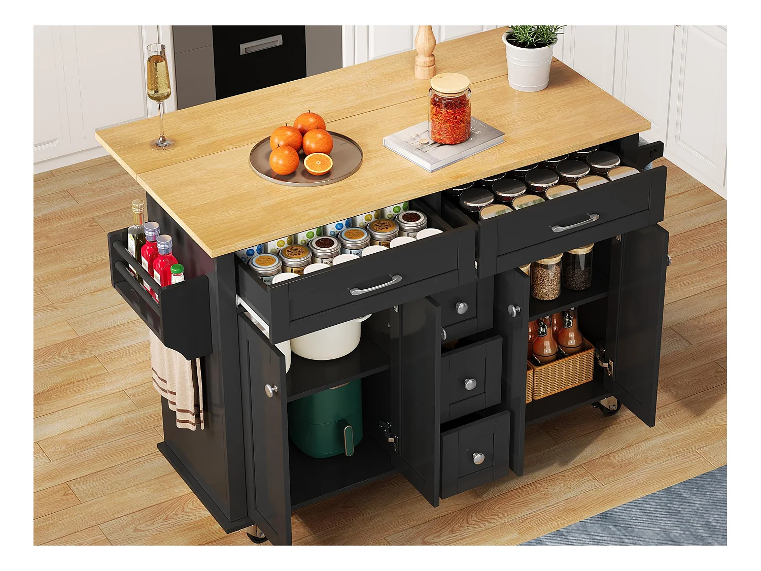 Ilot central de cuisine mobile - plateau extensible - 5 tiroirs et 4 portes - avec porte-serviettes - MDF - Noir