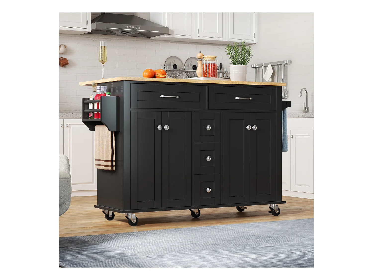Ilot central de cuisine mobile - plateau extensible - 5 tiroirs et 4 portes - avec porte-serviettes - MDF - Noir