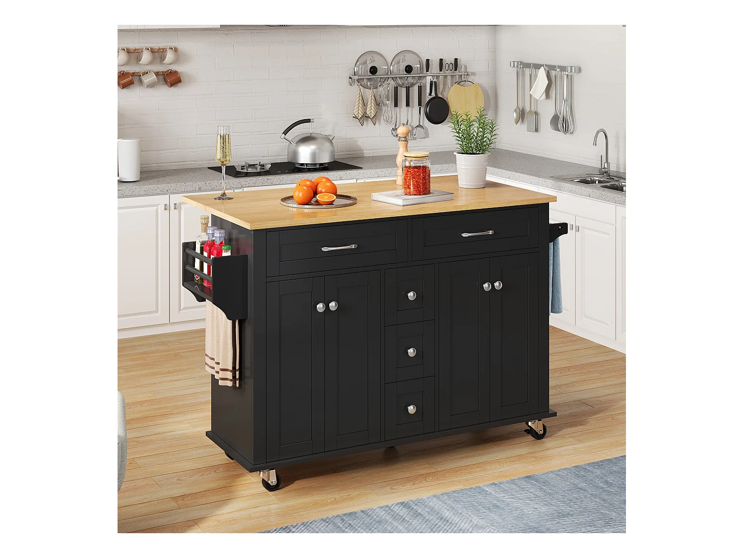 Ilot central de cuisine mobile - plateau extensible - 5 tiroirs et 4 portes - avec porte-serviettes - MDF - Noir
