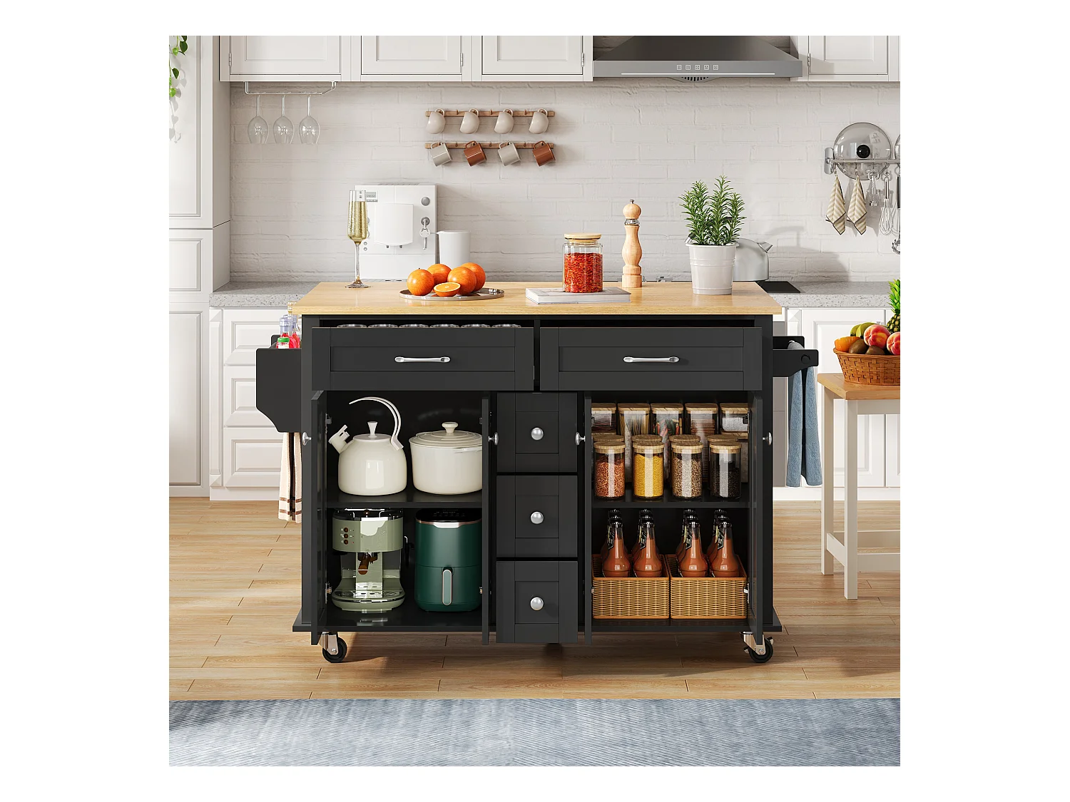 Ilot central de cuisine mobile - plateau extensible - 5 tiroirs et 4 portes - avec porte-serviettes - MDF - Noir
