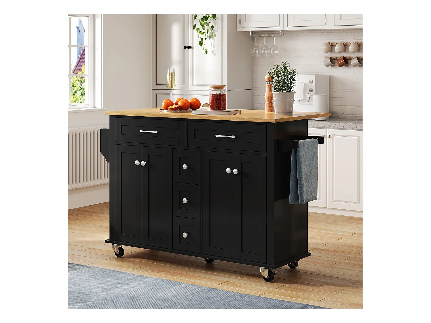 Ilot central de cuisine mobile - plateau extensible - 5 tiroirs et 4 portes - avec porte-serviettes - MDF - Noir