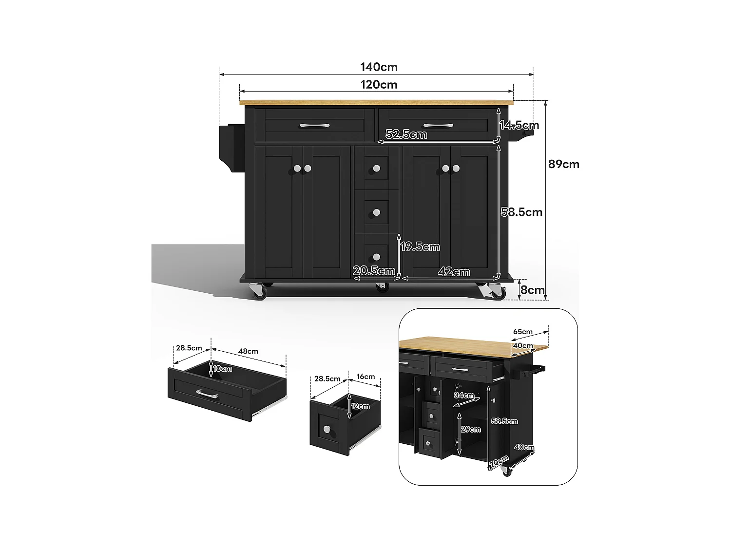 Ilot central de cuisine mobile - plateau extensible - 5 tiroirs et 4 portes - avec porte-serviettes - MDF - Noir