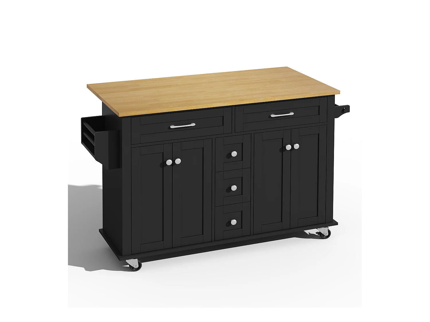 Ilot central de cuisine mobile - plateau extensible - 5 tiroirs et 4 portes - avec porte-serviettes - MDF - Noir