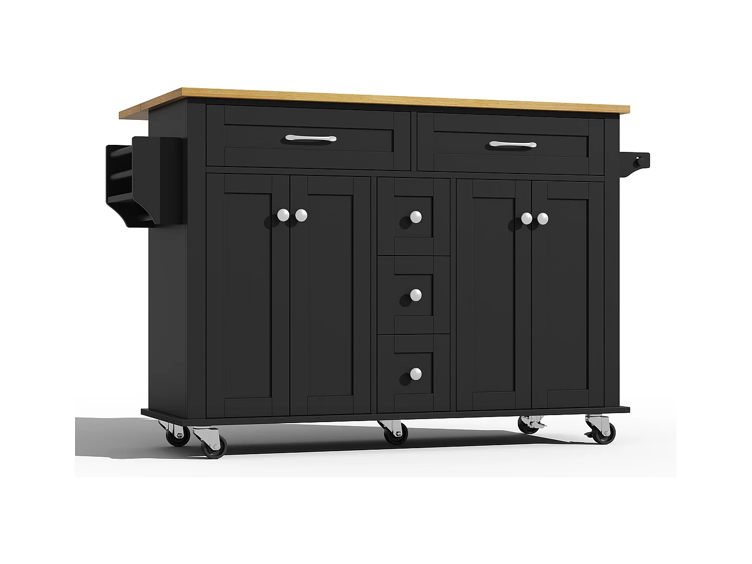 Ilot central de cuisine mobile - plateau extensible - 5 tiroirs et 4 portes - avec porte-serviettes - MDF - Noir