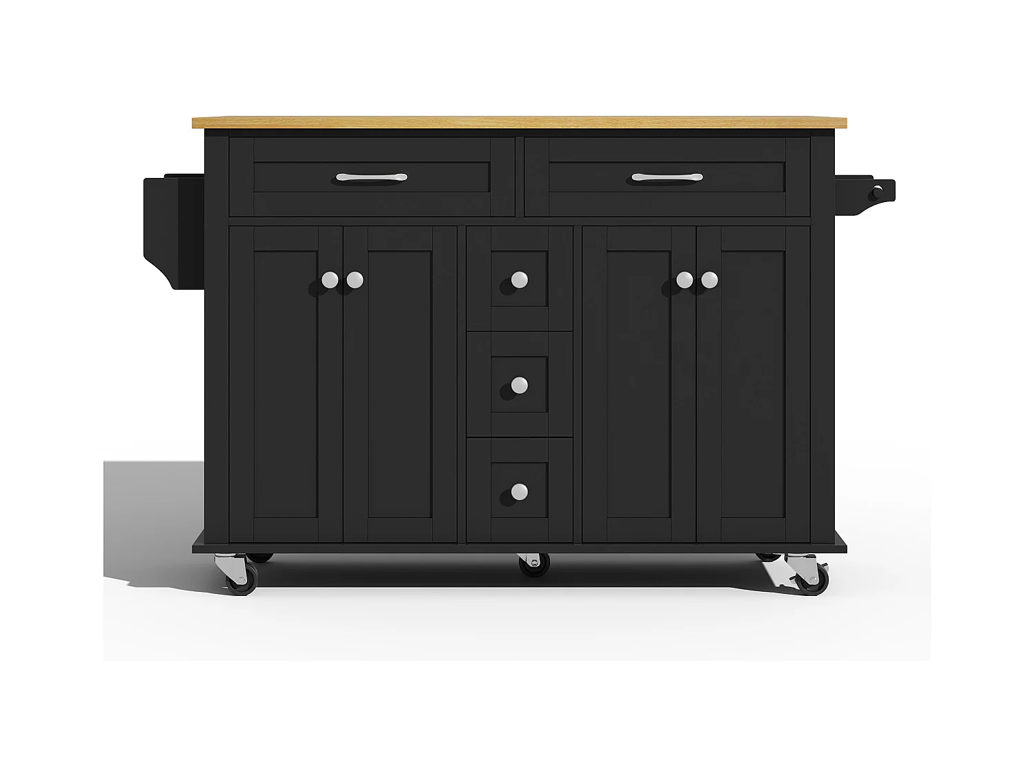Ilot central de cuisine mobile - plateau extensible - 5 tiroirs et 4 portes - avec porte-serviettes - MDF - Noir