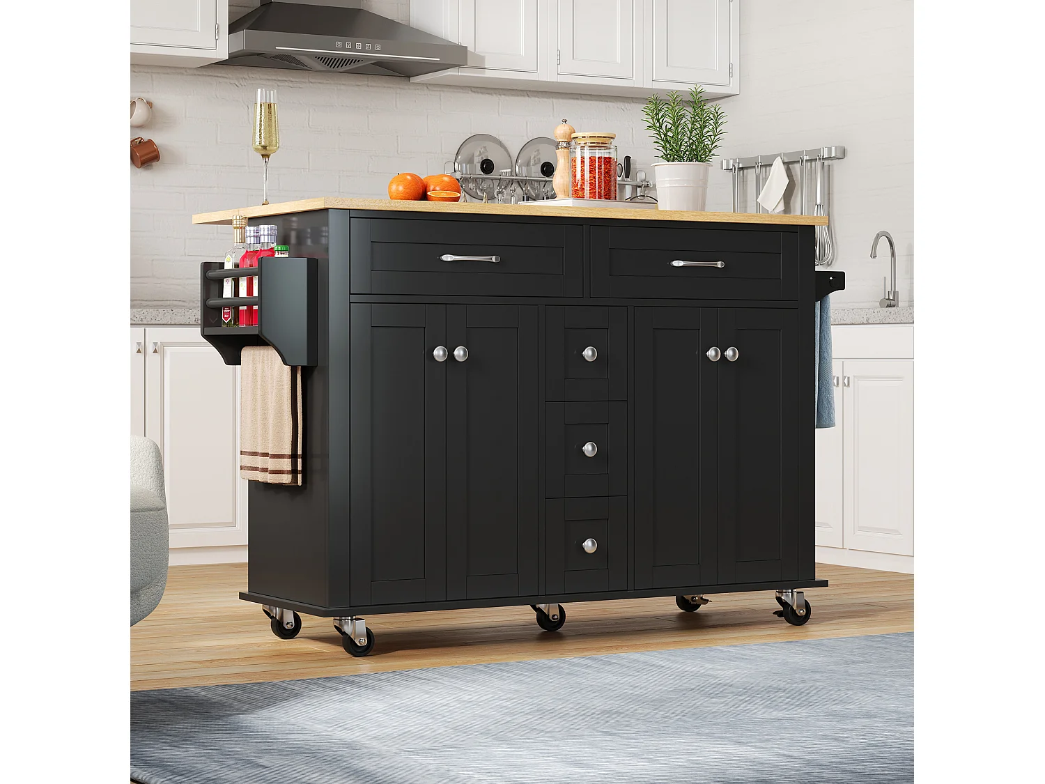 Verrijdbaar keukeneiland - uitschuifbaar werkblad - 5 laden en 4 deuren - met handdoekrek - MDF - zwart