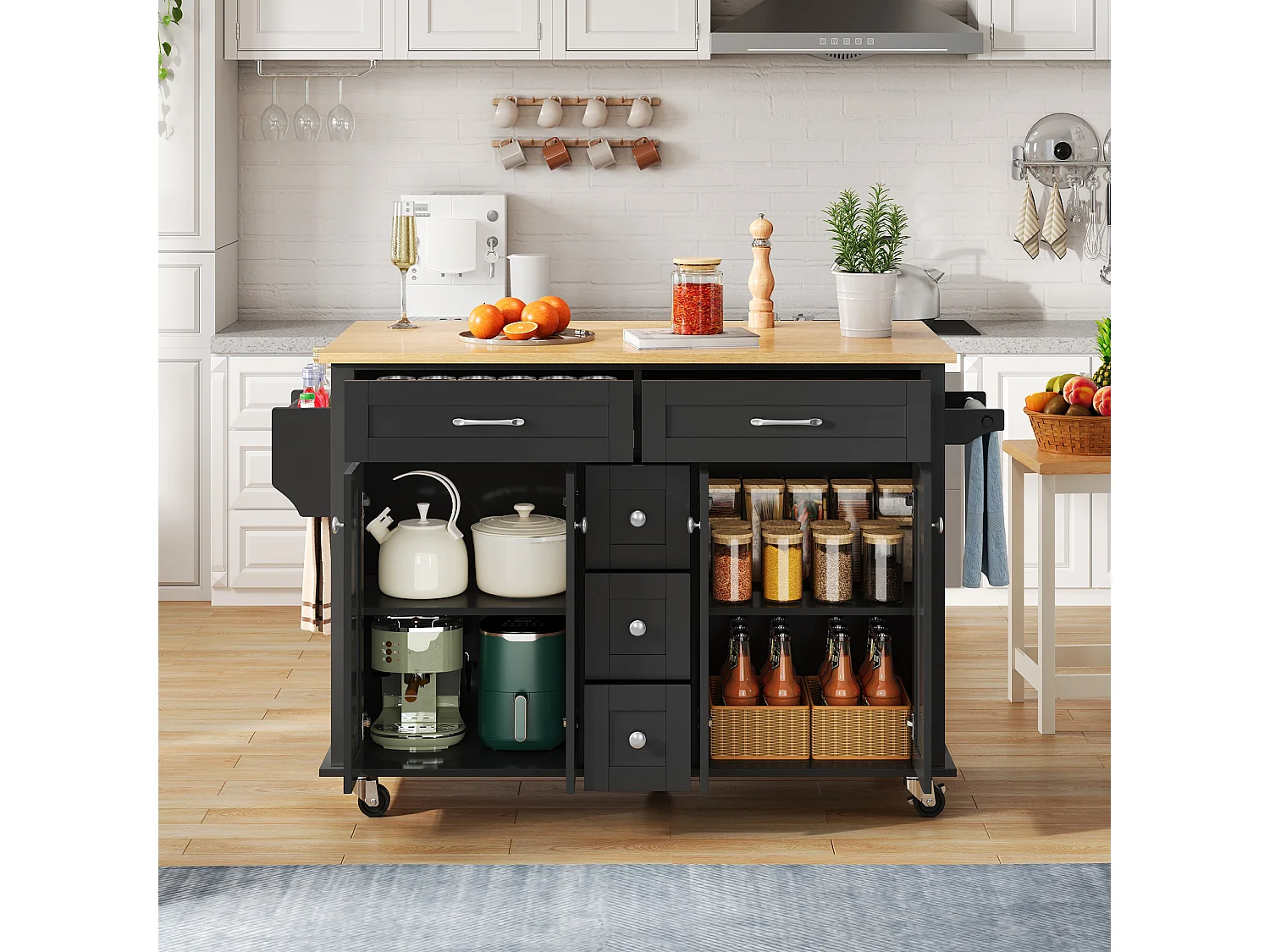 Verrijdbaar keukeneiland - uitschuifbaar werkblad - 5 laden en 4 deuren - met handdoekrek - MDF - zwart