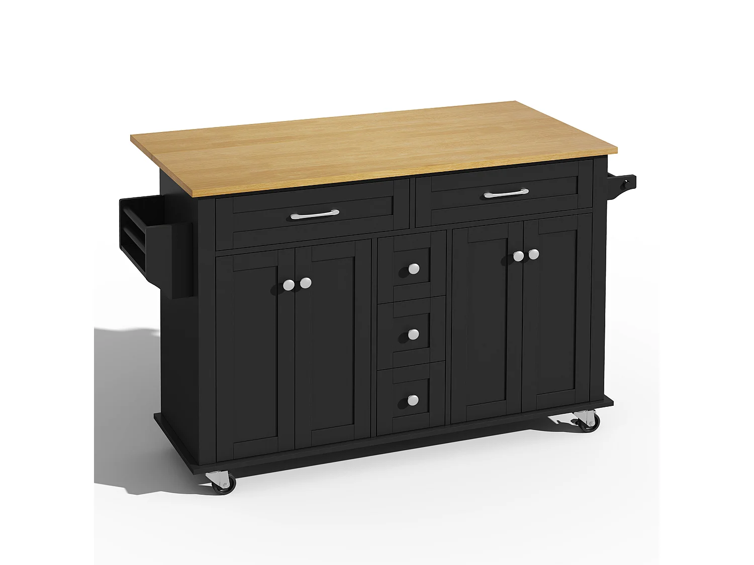 Verrijdbaar keukeneiland - uitschuifbaar werkblad - 5 laden en 4 deuren - met handdoekrek - MDF - zwart