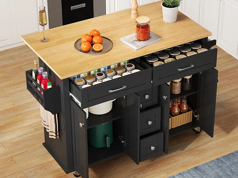 Ilot central de cuisine mobile - plateau extensible - 5 tiroirs et 4 portes - avec porte-serviettes - MDF - Noir