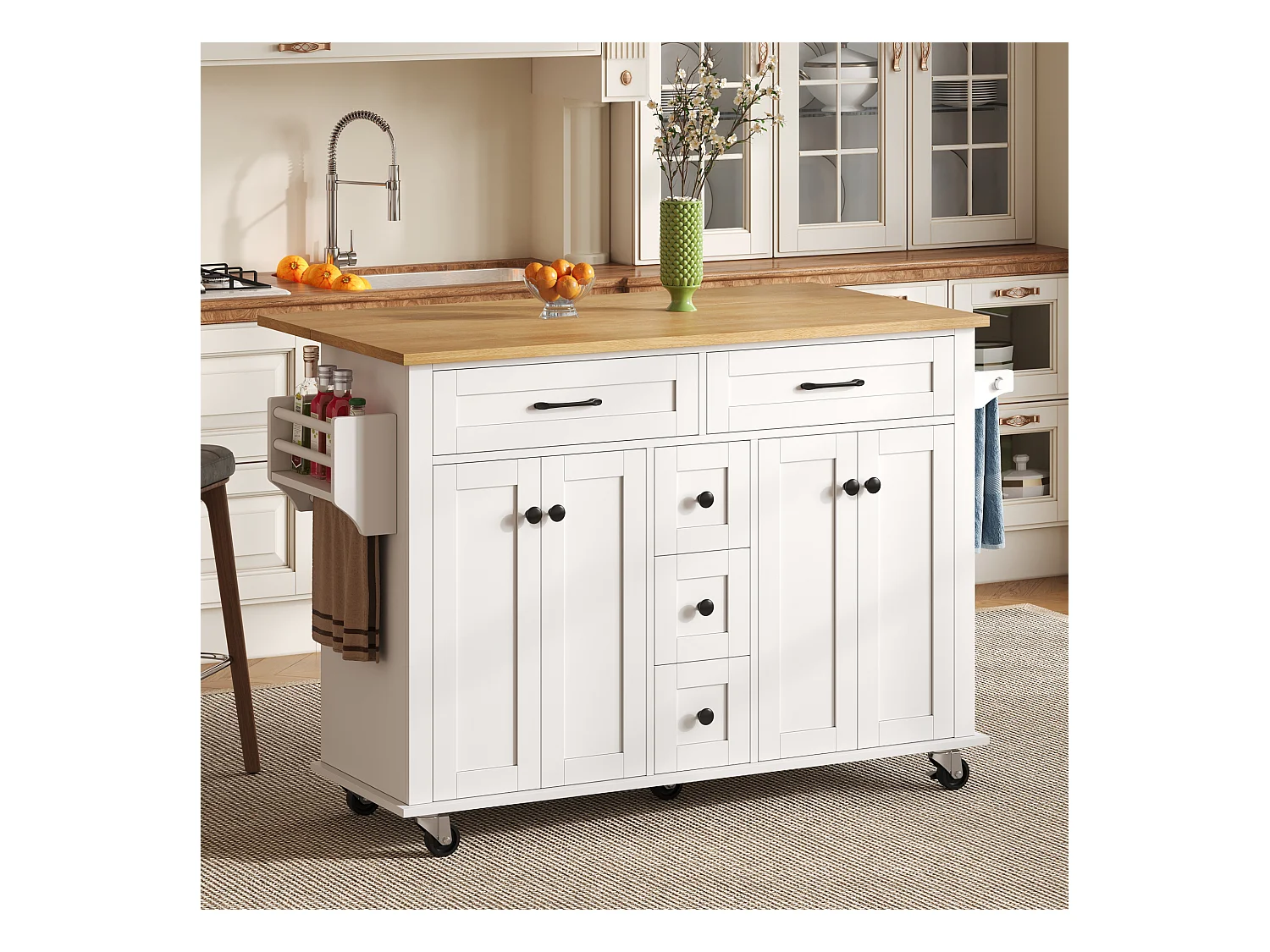 Ilot central de cuisine mobile - plateau extensible - 5 tiroirs et 4 portes - avec porte-serviettes - MDF - Blanc