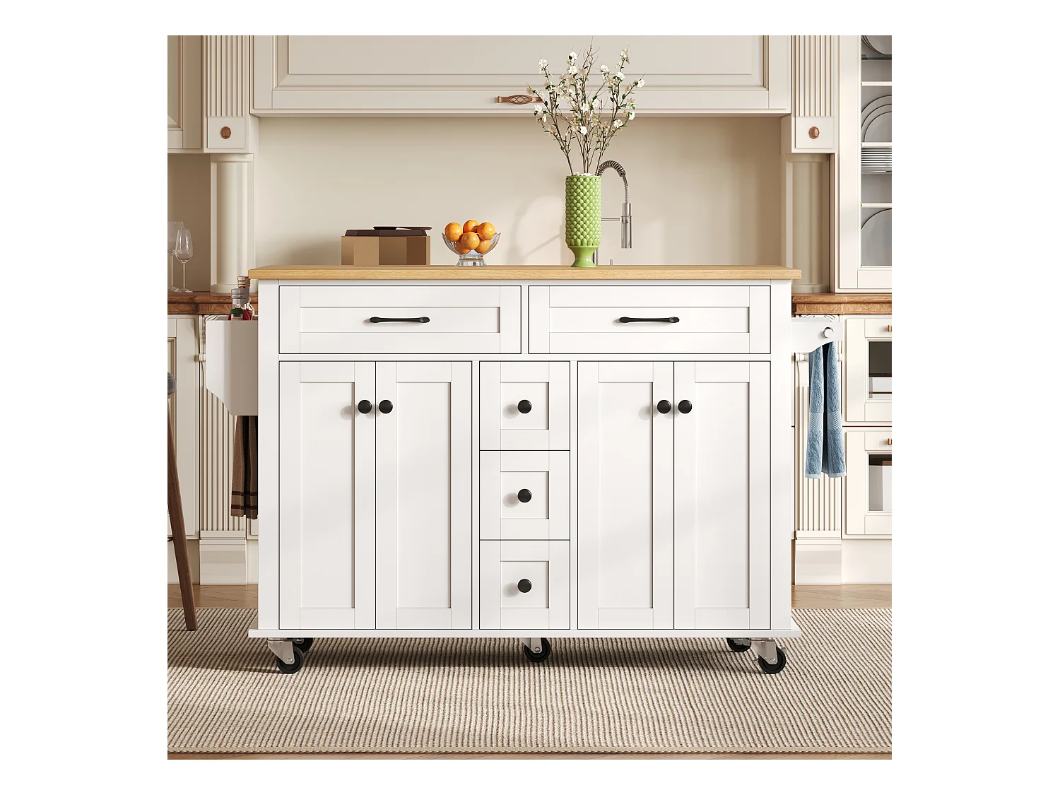 Ilot central de cuisine mobile - plateau extensible - 5 tiroirs et 4 portes - avec porte-serviettes - MDF - Blanc