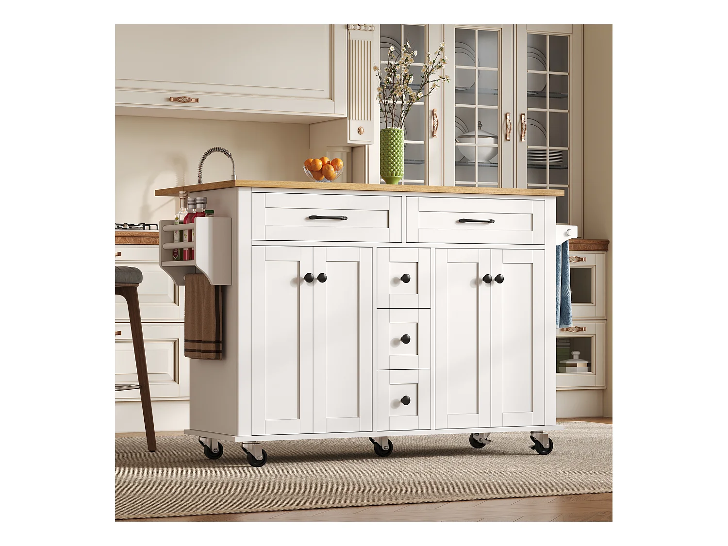 Ilot central de cuisine mobile - plateau extensible - 5 tiroirs et 4 portes - avec porte-serviettes - MDF - Blanc