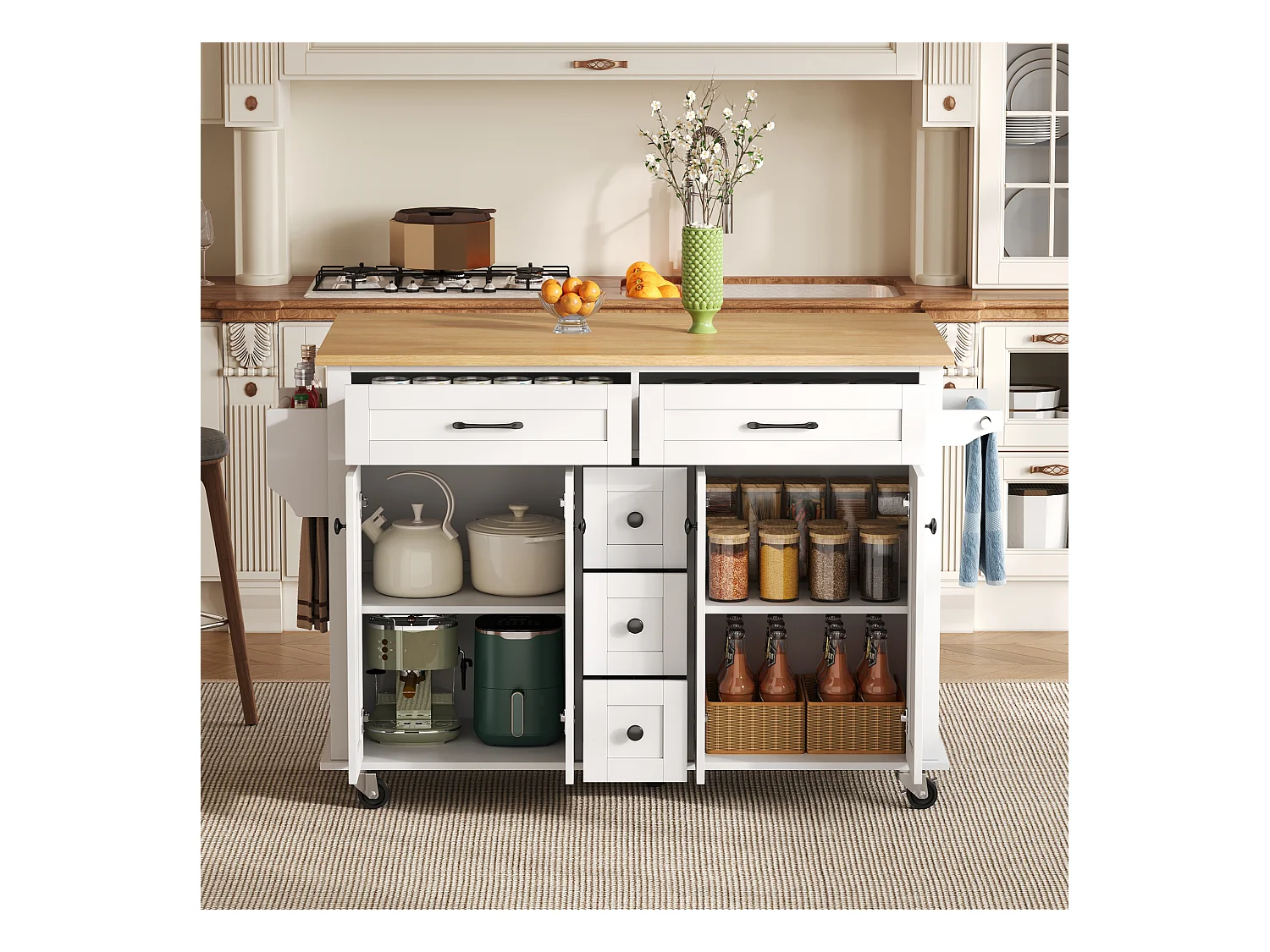 Ilot central de cuisine mobile - plateau extensible - 5 tiroirs et 4 portes - avec porte-serviettes - MDF - Blanc