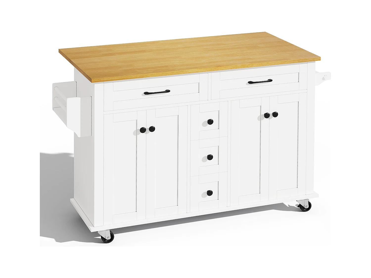 Ilot central de cuisine mobile - plateau extensible - 5 tiroirs et 4 portes - avec porte-serviettes - MDF - Blanc
