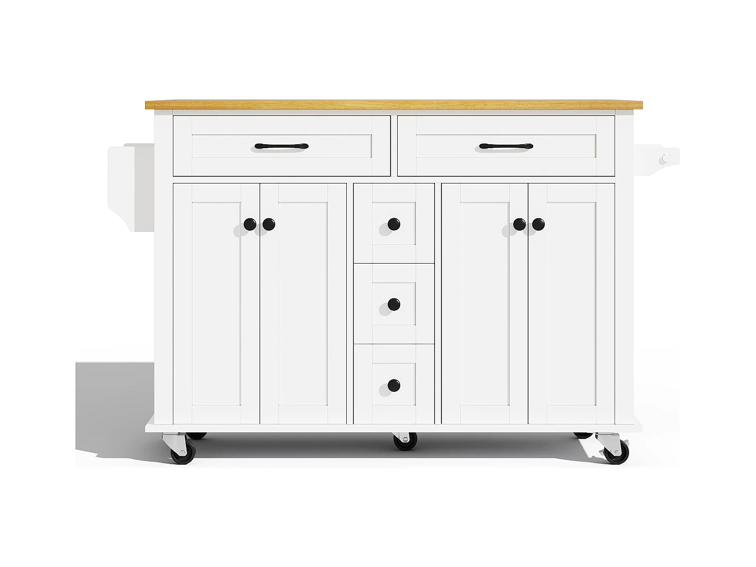 Ilot central de cuisine mobile - plateau extensible - 5 tiroirs et 4 portes - avec porte-serviettes - MDF - Blanc