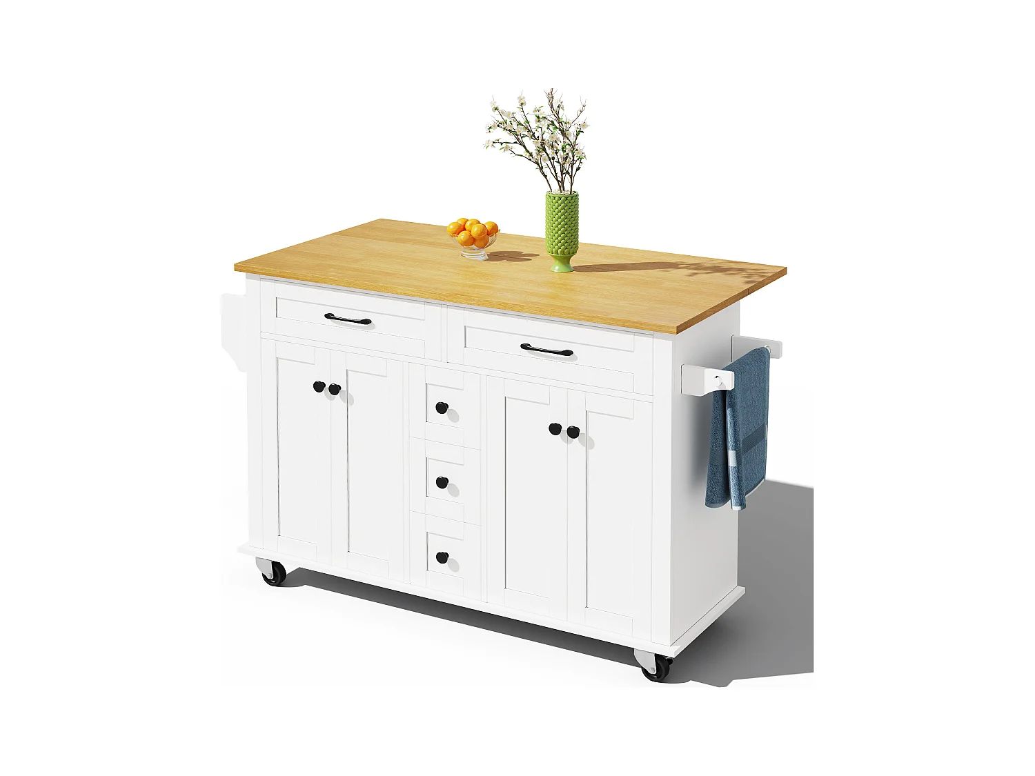 Ilot central de cuisine mobile - plateau extensible - 5 tiroirs et 4 portes - avec porte-serviettes - MDF - Blanc