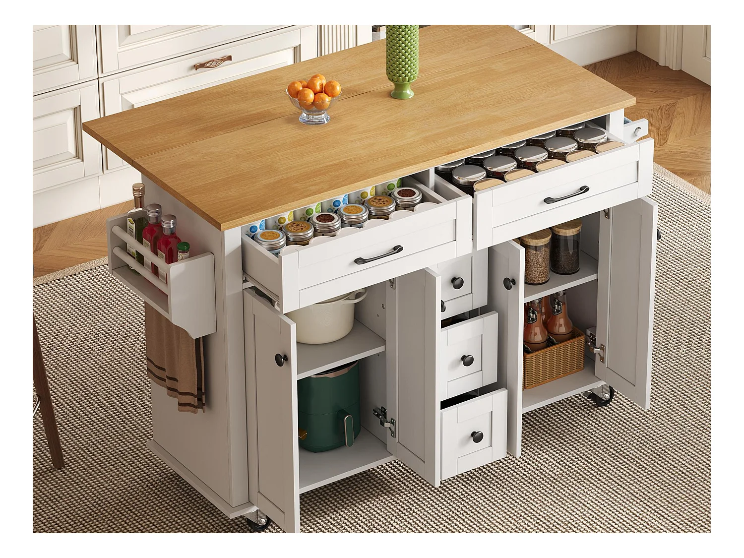 Ilot central de cuisine mobile - plateau extensible - 5 tiroirs et 4 portes - avec porte-serviettes - MDF - Blanc