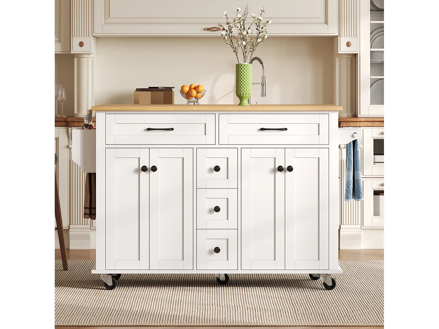 Verrijdbaar keukeneiland - uitschuifbaar werkblad - 5 laden en 4 deuren - met handdoekrek - MDF - wit