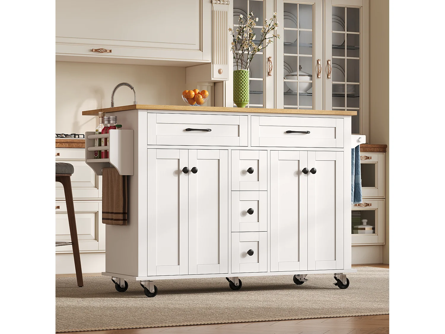 Verrijdbaar keukeneiland - uitschuifbaar werkblad - 5 laden en 4 deuren - met handdoekrek - MDF - wit