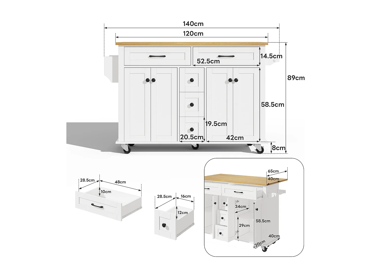 Verrijdbaar keukeneiland - uitschuifbaar werkblad - 5 laden en 4 deuren - met handdoekrek - MDF - wit