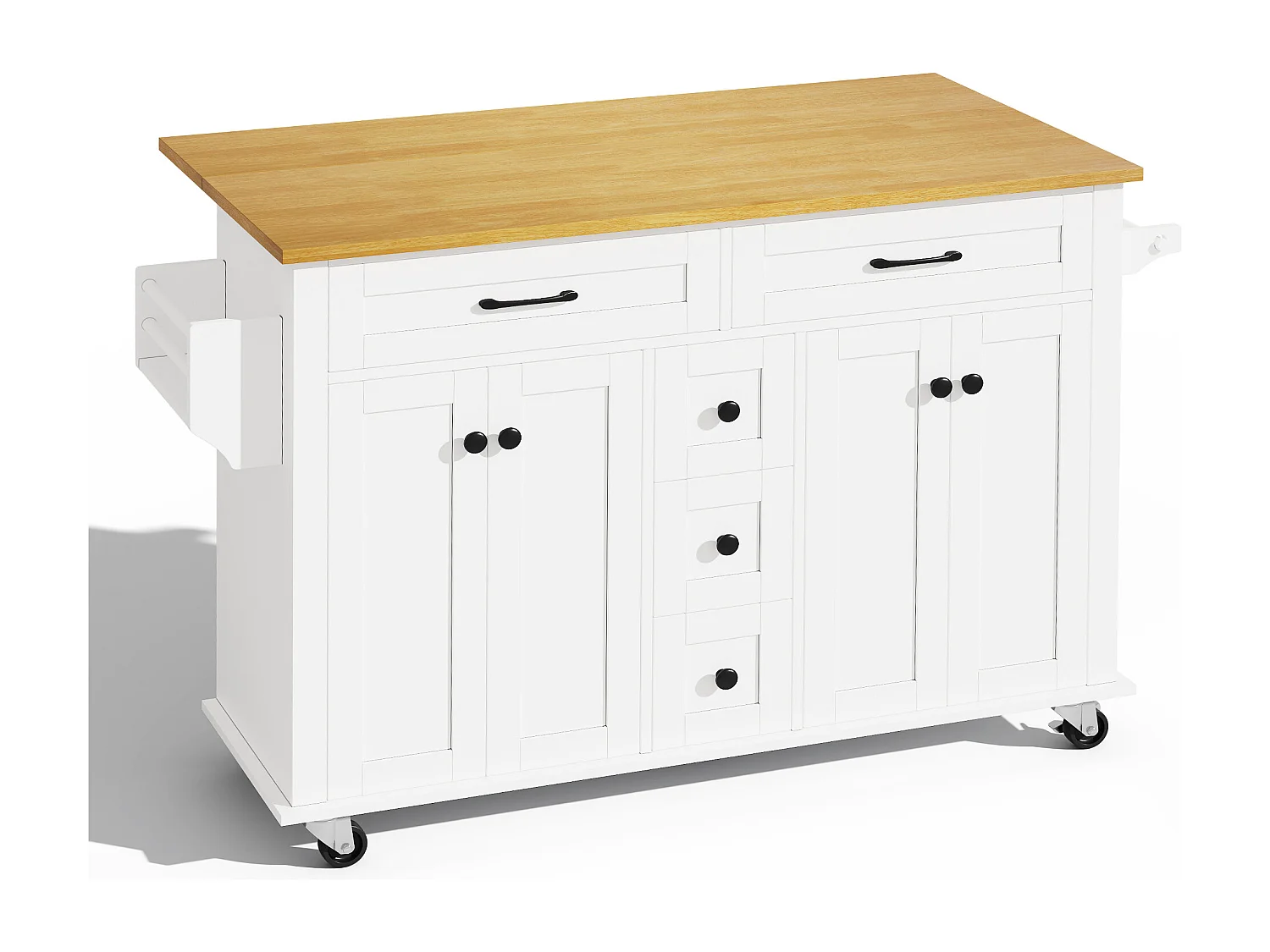 Verrijdbaar keukeneiland - uitschuifbaar werkblad - 5 laden en 4 deuren - met handdoekrek - MDF - wit