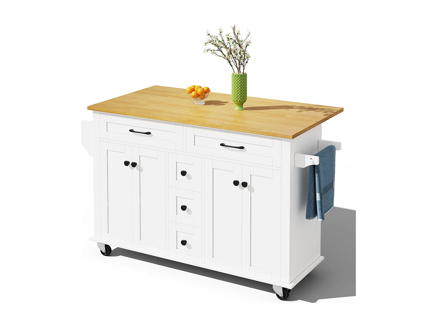 Verrijdbaar keukeneiland - uitschuifbaar werkblad - 5 laden en 4 deuren - met handdoekrek - MDF - wit