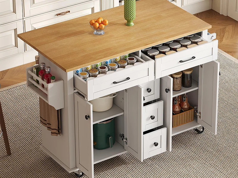 Ilot central de cuisine mobile - plateau extensible - 5 tiroirs et 4 portes - avec porte-serviettes - MDF - Blanc