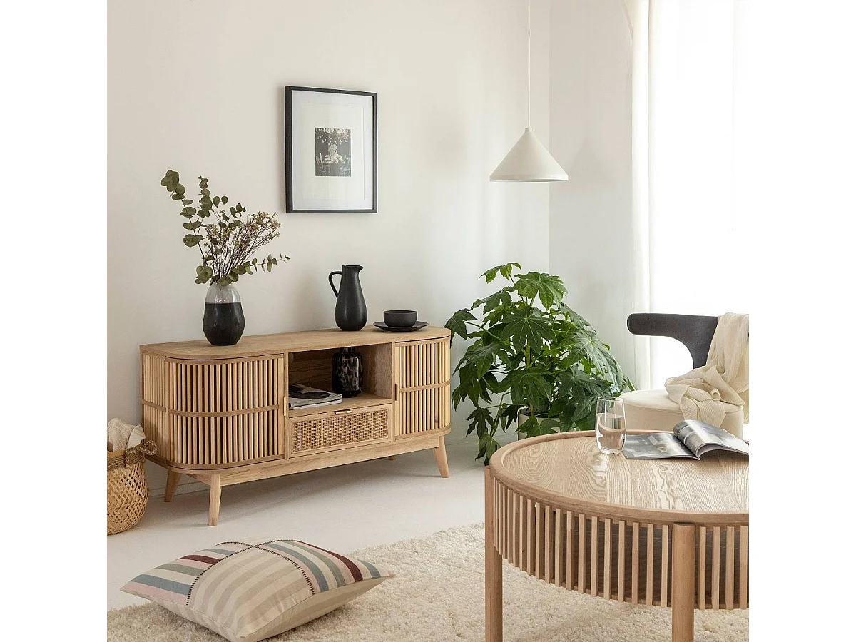 Meuble TV en bois de pin et cannage Guido