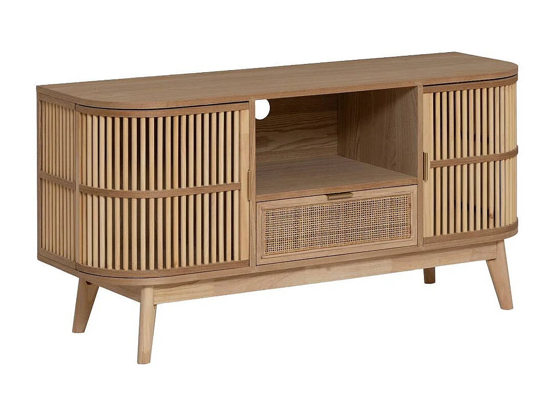 Meuble TV en bois de pin et cannage Guido
