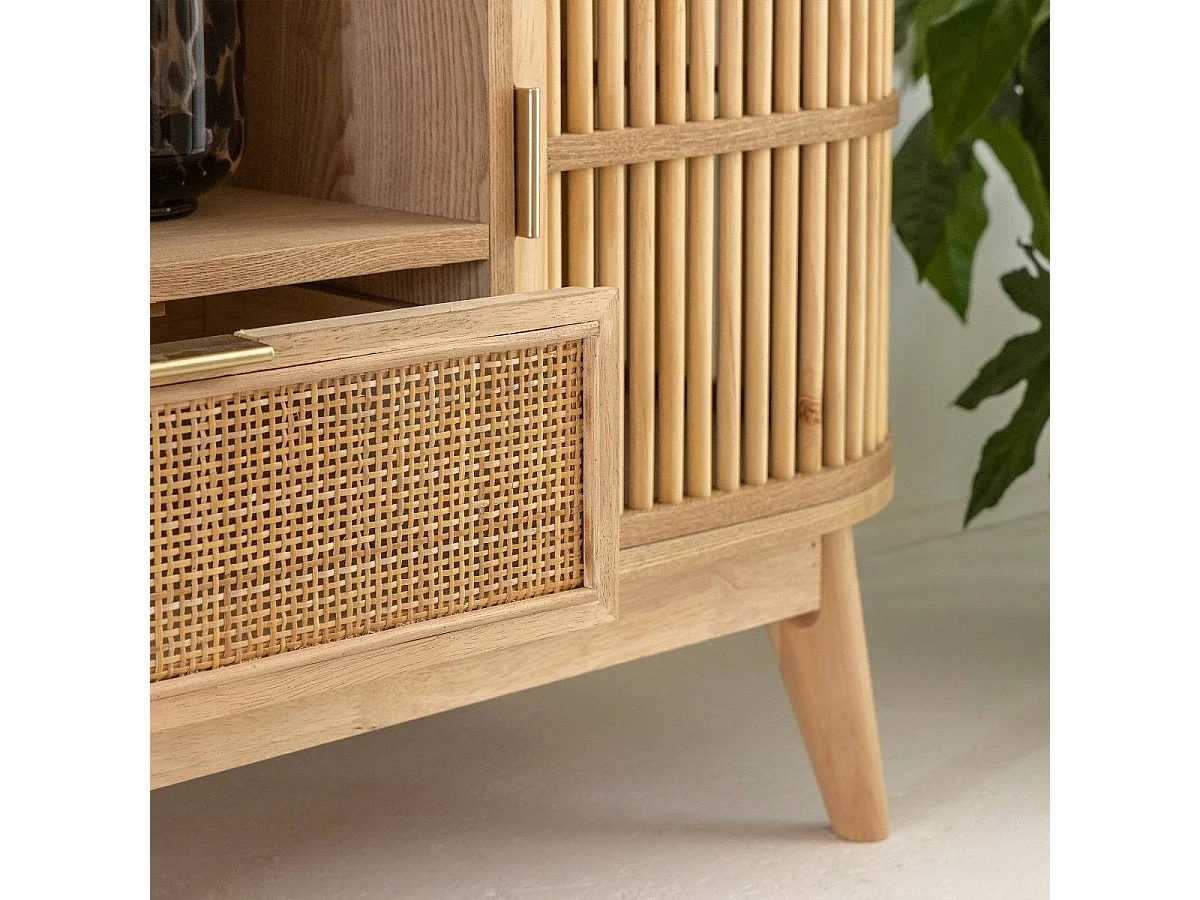 Meuble TV en bois de pin et cannage Guido