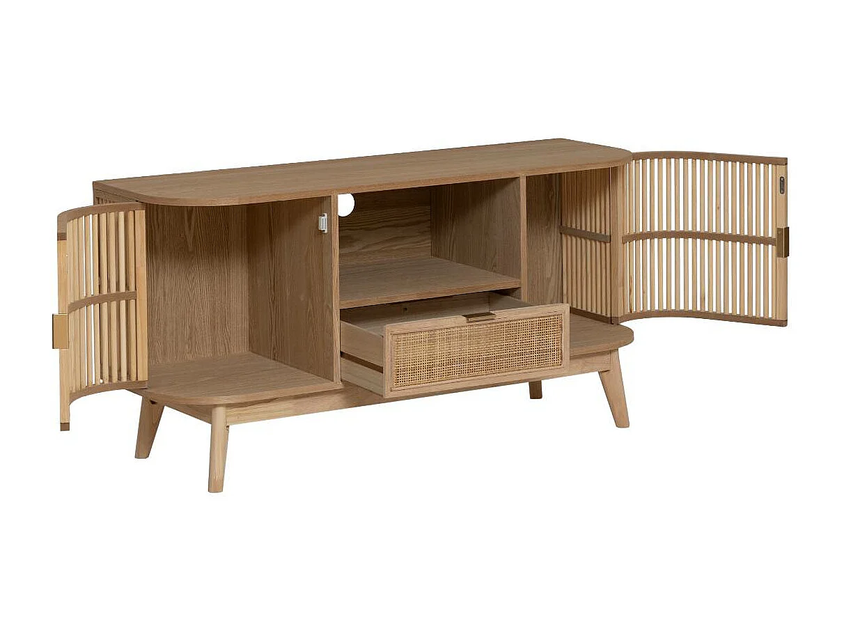 Meuble TV en bois de pin et cannage Guido