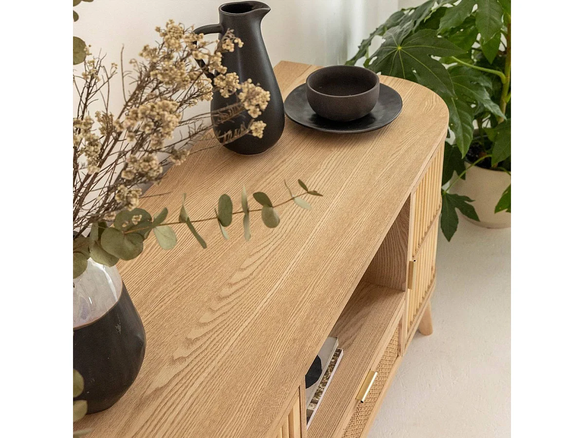 Meuble TV en bois de pin et cannage Guido