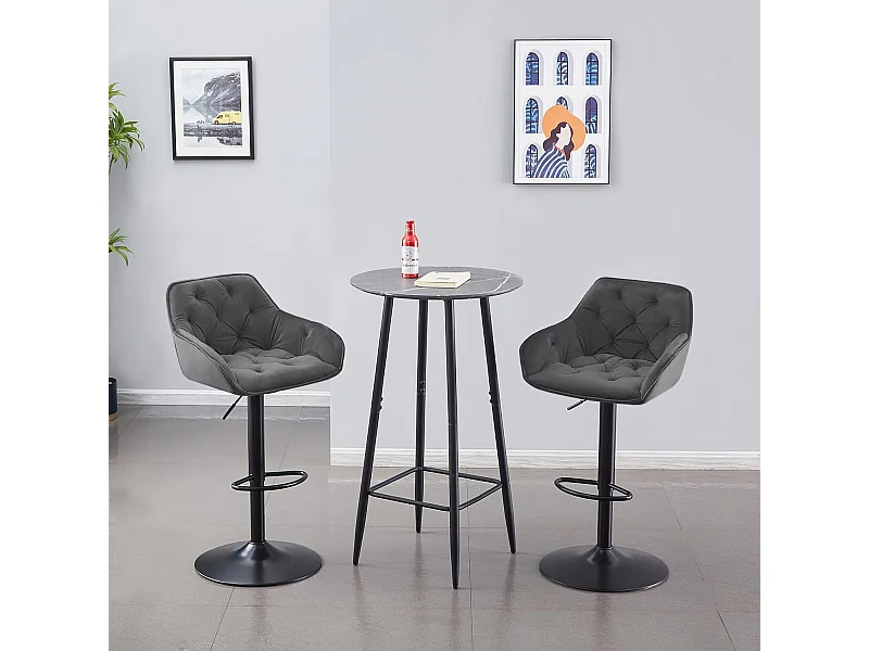 Lot de 2 Tabouret de Bar réglable en Hauteur Chaise Haute pour Bar avec Dossier siège rembouré en Velours Pied en métal (2, Gris)