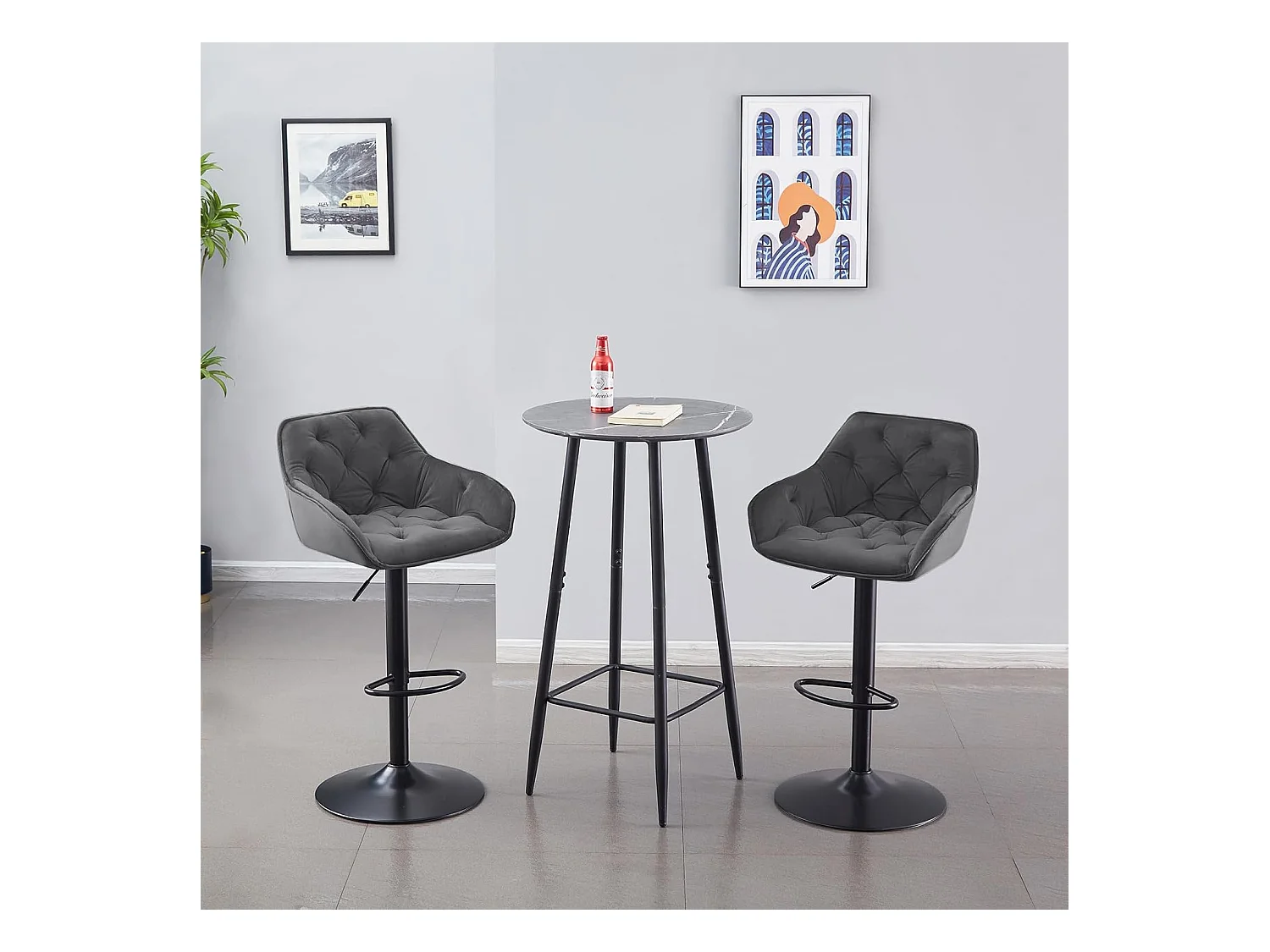 Lot de 2 Tabouret de Bar réglable en Hauteur Chaise Haute pour Bar avec Dossier siège rembouré en Velours Pied en métal (2, Gris)