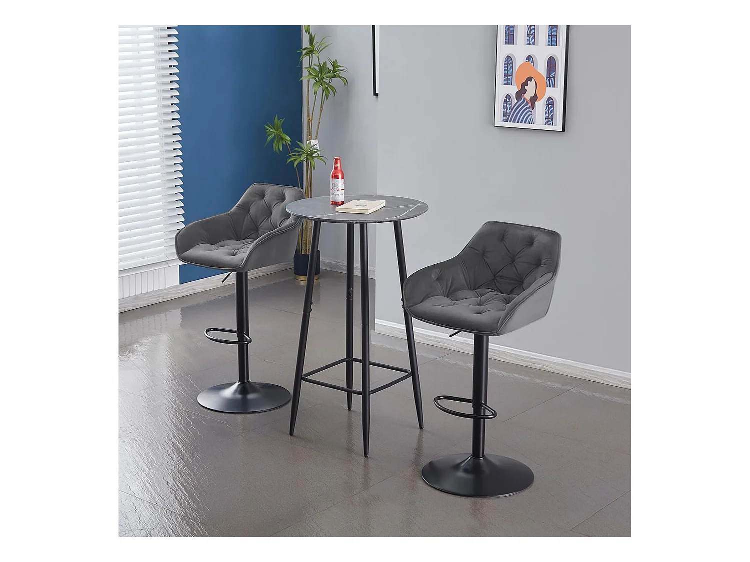 Lot de 2 Tabouret de Bar réglable en Hauteur Chaise Haute pour Bar avec Dossier siège rembouré en Velours Pied en métal (2, Gris)