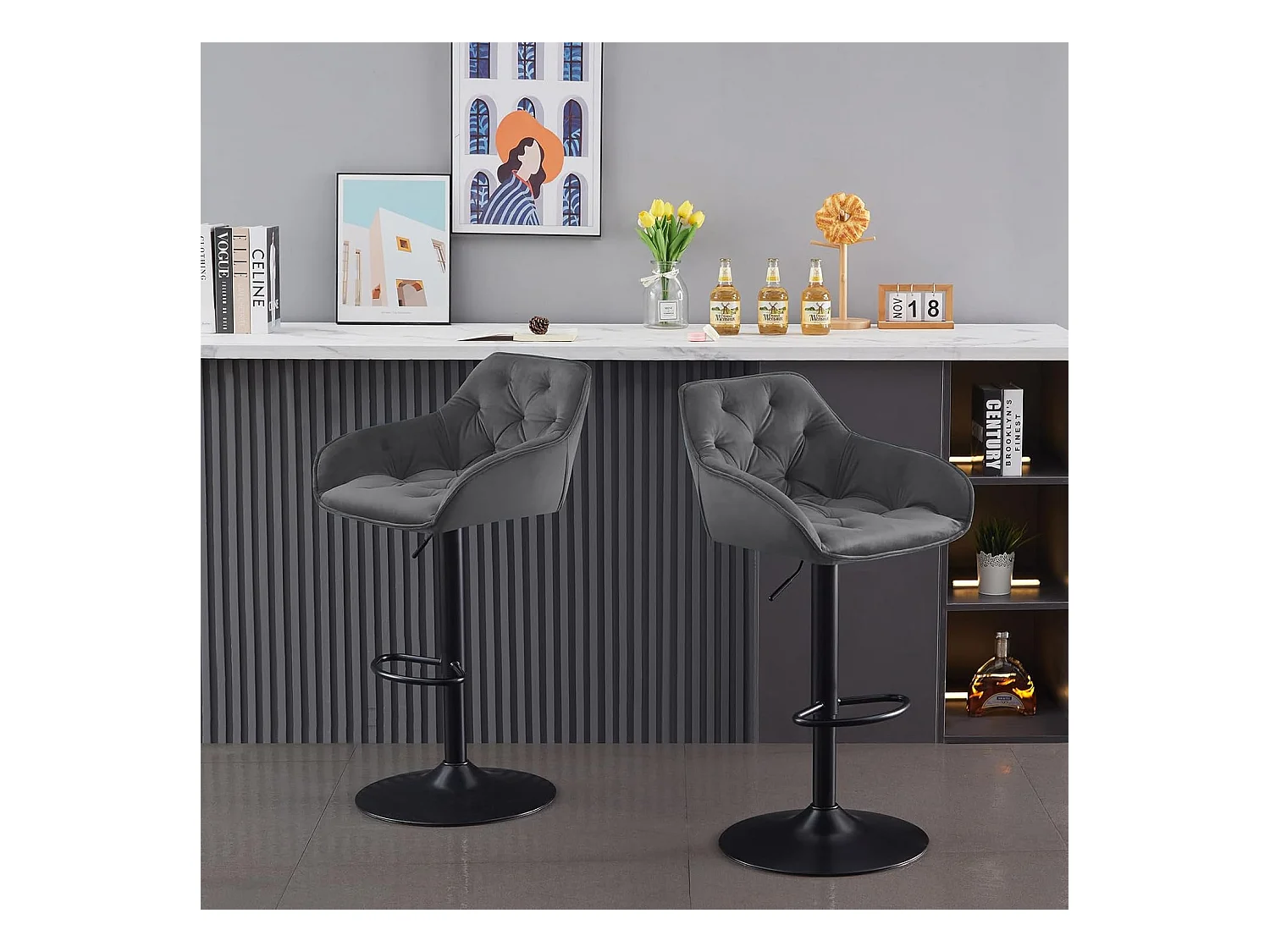 Lot de 2 Tabouret de Bar réglable en Hauteur Chaise Haute pour Bar avec Dossier siège rembouré en Velours Pied en métal (2, Gris)