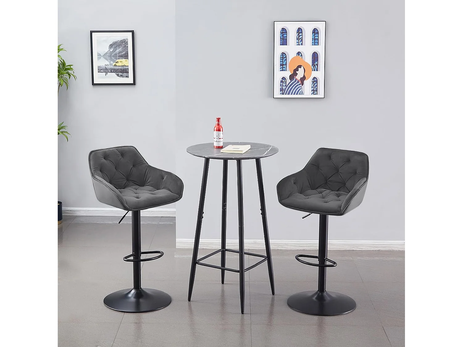Lot de 2 Tabouret de Bar réglable en Hauteur Chaise Haute pour Bar avec Dossier siège rembouré en Velours Pied en métal (2, Gris)